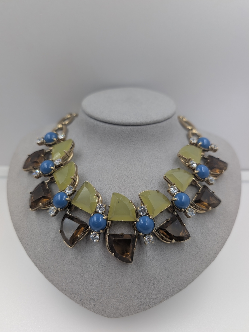 Signed J. Crew Geometric Fan Crystal Collar Statement Necklace Citron Blue 0617